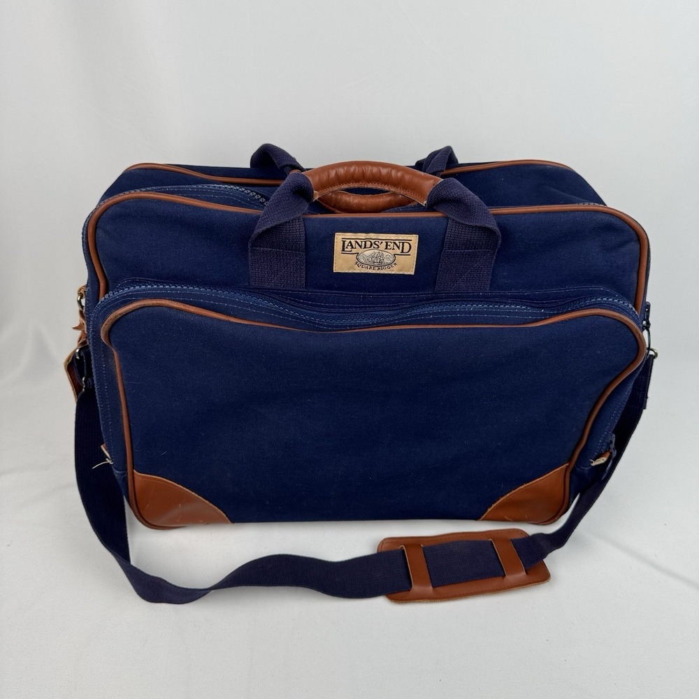 Vtg Lands End Square Rigger Weekender Bag Navy Blue Canvas Leather Luggage 20"
